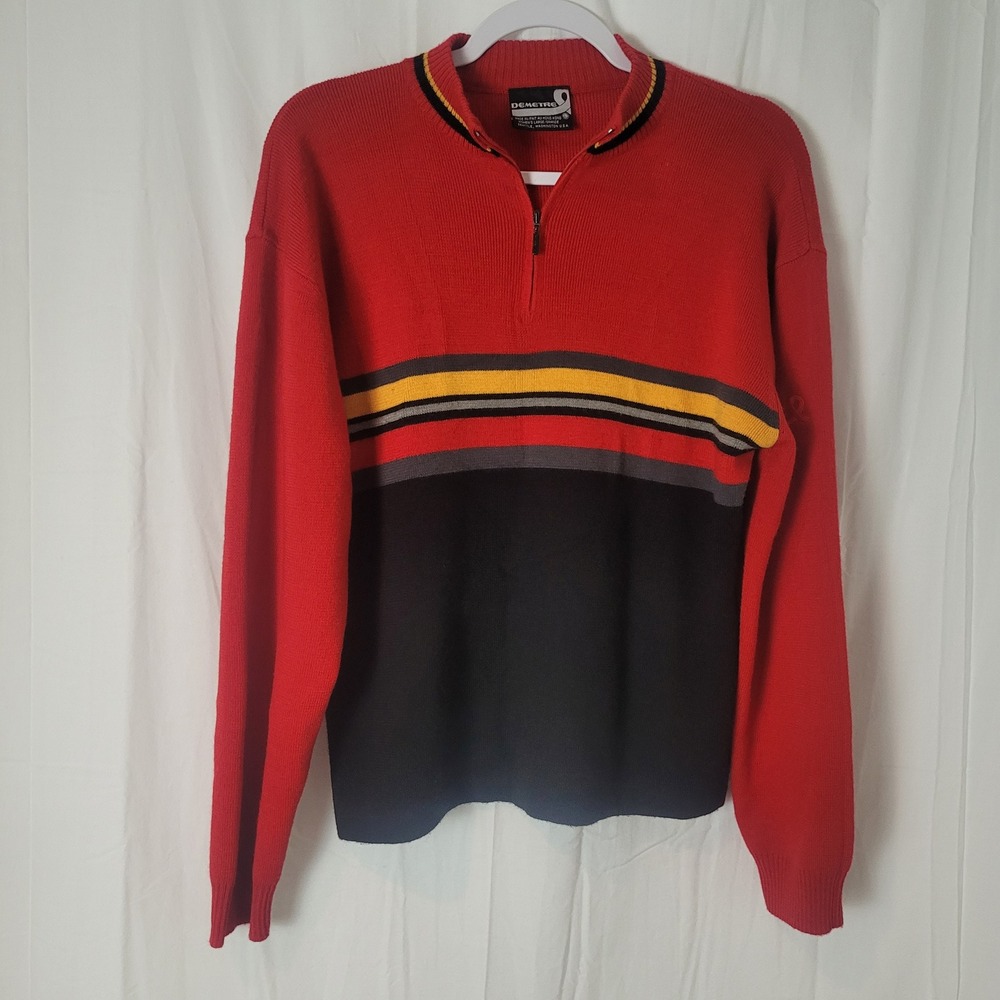 Demetre Womens Red Wool Blend Quarter Zip Striped Colorblock Sweater Large Retro